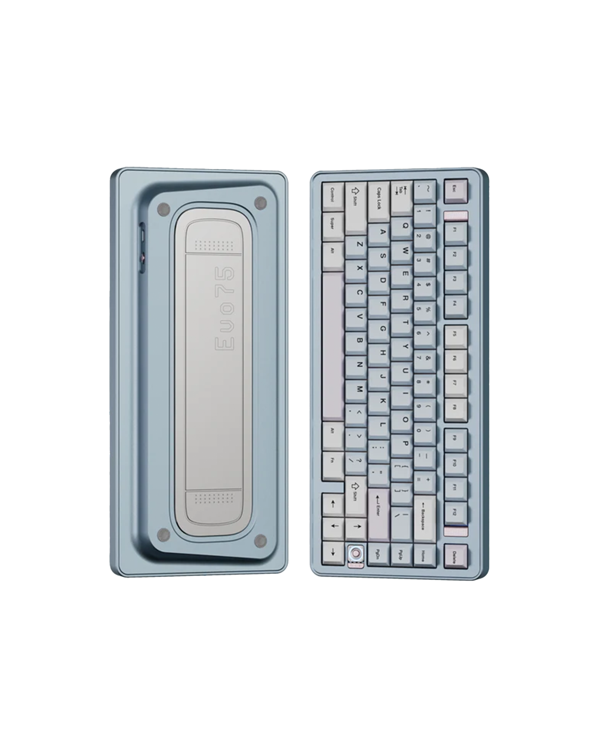 คีย์บอร์ด Evoworks Evo75 Mechanical Keyboard – Custom 75% Keyboard Layout - Anodized Ice Blue Color Front and Rear design